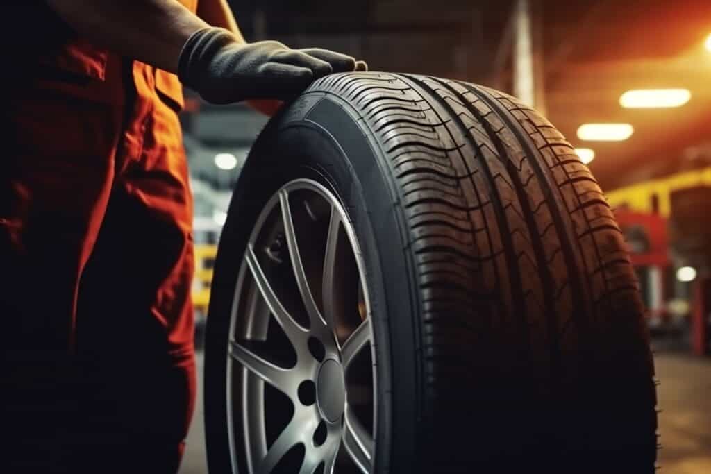 A fresh new tyre being rolled into place be an expert car mechanic.